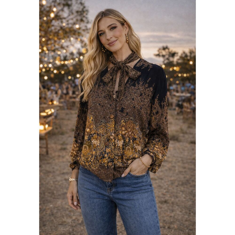 Carole Little Beaded Rayon Boho Evening Blouse Gold Black Size 12 Made in USA